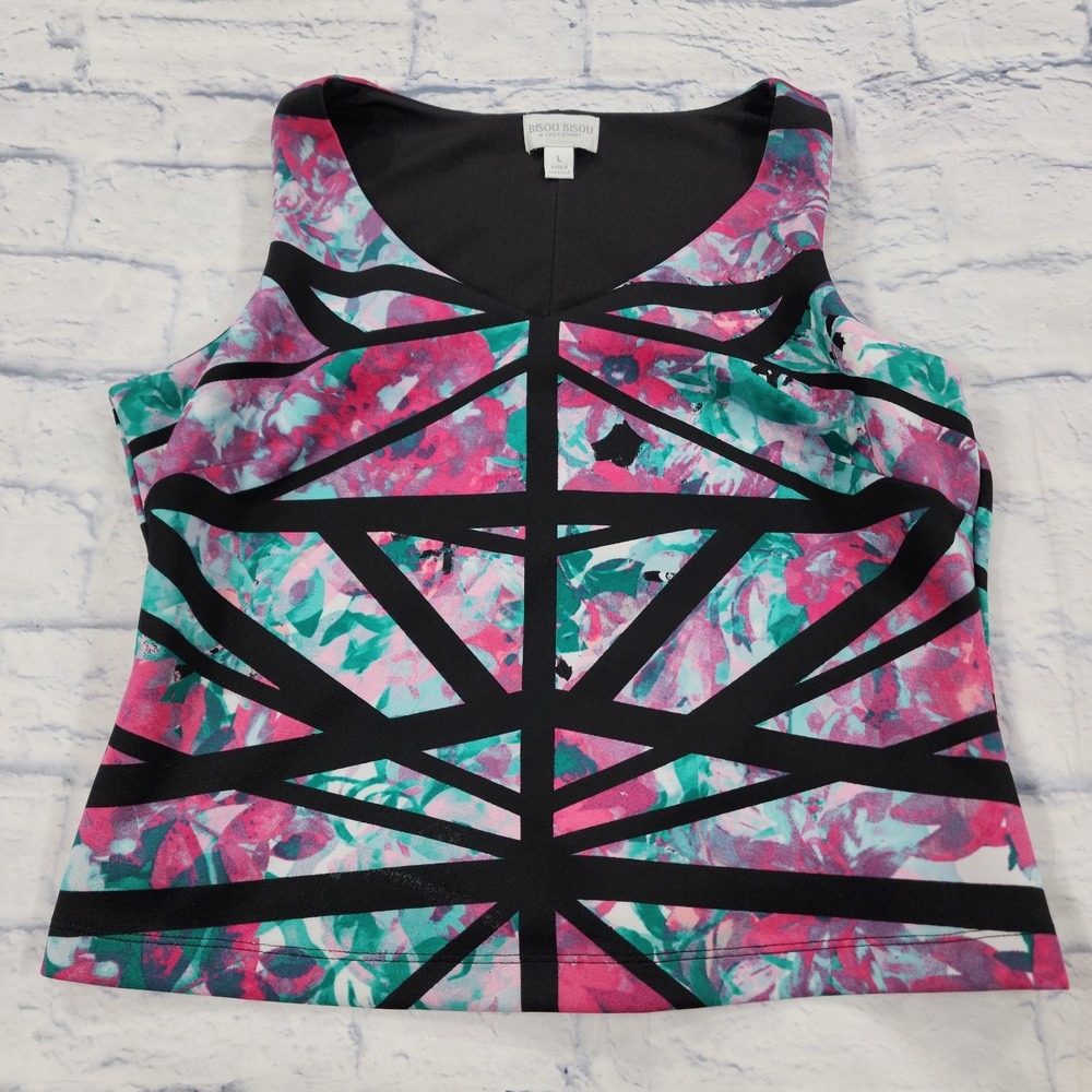 Bisou Bisou WOMENS SIZE L Black Pink Green Tank Top Ponte Knit